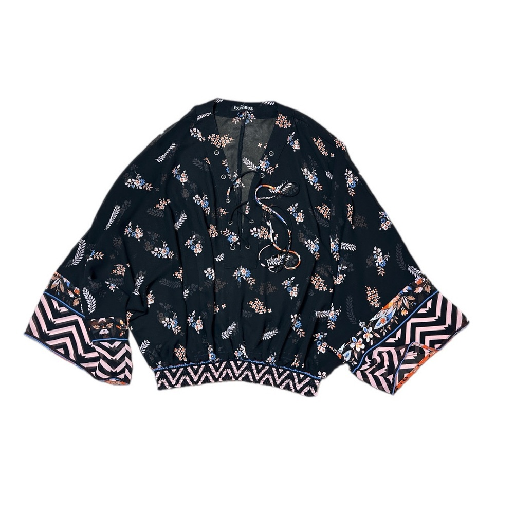 Express Black Sheer Top Kimono Sleeve Blouse Lace Up Neckline Floral Size S
